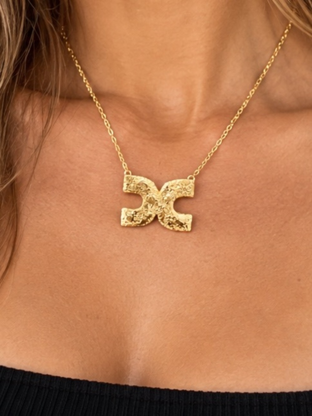 Gold Tone Double C Statement Necklace Textured Pendant Designer Inspired